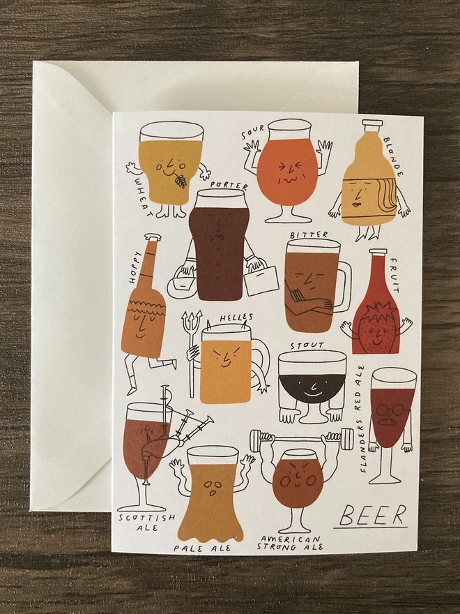 Greetings card filled with illustration of kinds of beers, as characters 