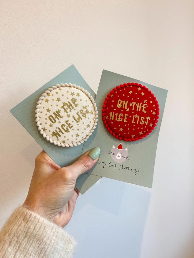 Red or Cream Christmas Badge saying 'The Nice List' for children to wear to visit santa. Stocking Filler or Advent Calendar filler