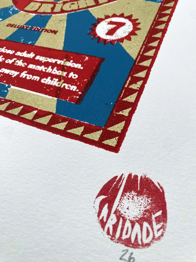 Bring a touch of nostalgic British charm to your space with this striking London Brights limited edition screen-print, inspired by the bold graphics of fireworks labels.     Featuring a vibrant palette of red, blue, and gold, the design showcases dramatic sunburst rays and retro typography, capturing the energy and character of classic mid-century advertising.      Each print includes the artist’s signature and edition number, this piece is perfect for lovers of London, vintage design, and unique statement art.