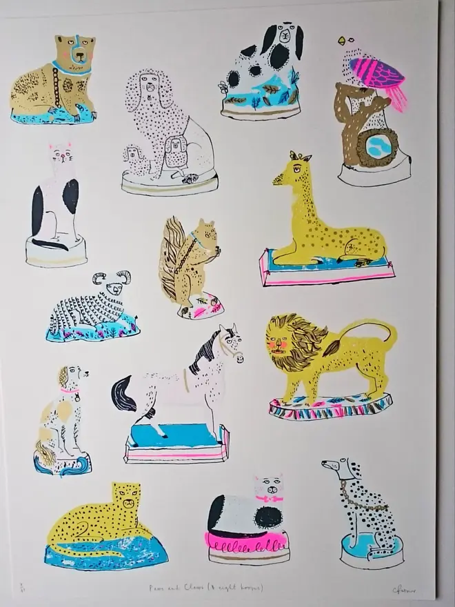 Pottery Animals Screenprint Paws And Claws (& Eight Hooves), a collection of colourful animal designs on a white screenprint. 
