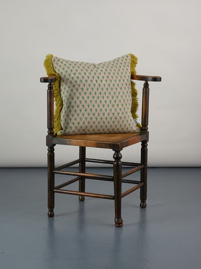 caoimhe cactus square cushion. an embroidered green cushion photographed on a chair.