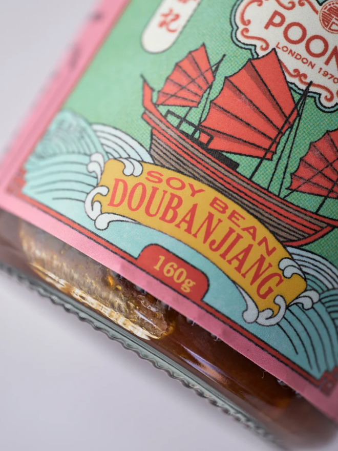 Soy Bean Doubanjiang. A closeup of the label on the jar.