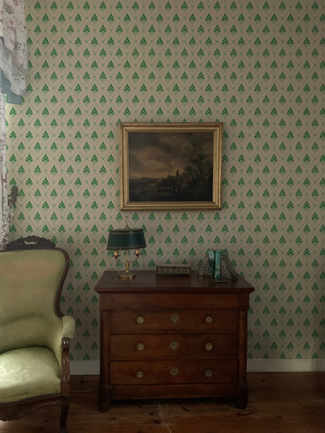 Annika Reed Studio Agra Green wallpaper in bedroom