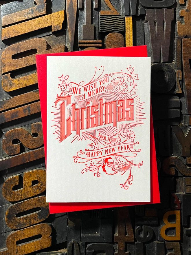 Spread festive cheer with this charming vintage Santa letterpress Christmas card! These cards are printed with my own fair hands on my 1915 Arab Crown Folio Press. Printed in red ink.