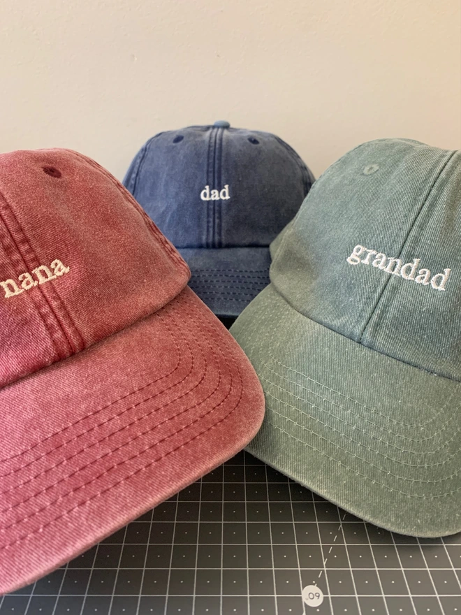 Embroidered Dad Cap in Vintage Red, Vintage Dark Denim and Vintage Sage Green