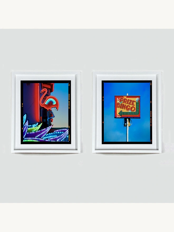Prize Bingo Richard Heeps colour print framed in white paired with Neon Flamingo
