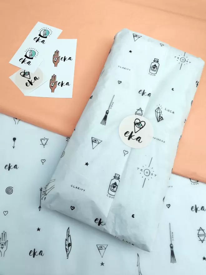 wrapping paper from eka with symbols and matching sticker