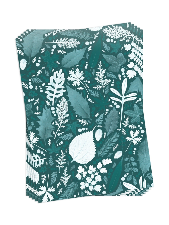 Folded sheets of Green Winter Leaves Christmas Gift Wrap