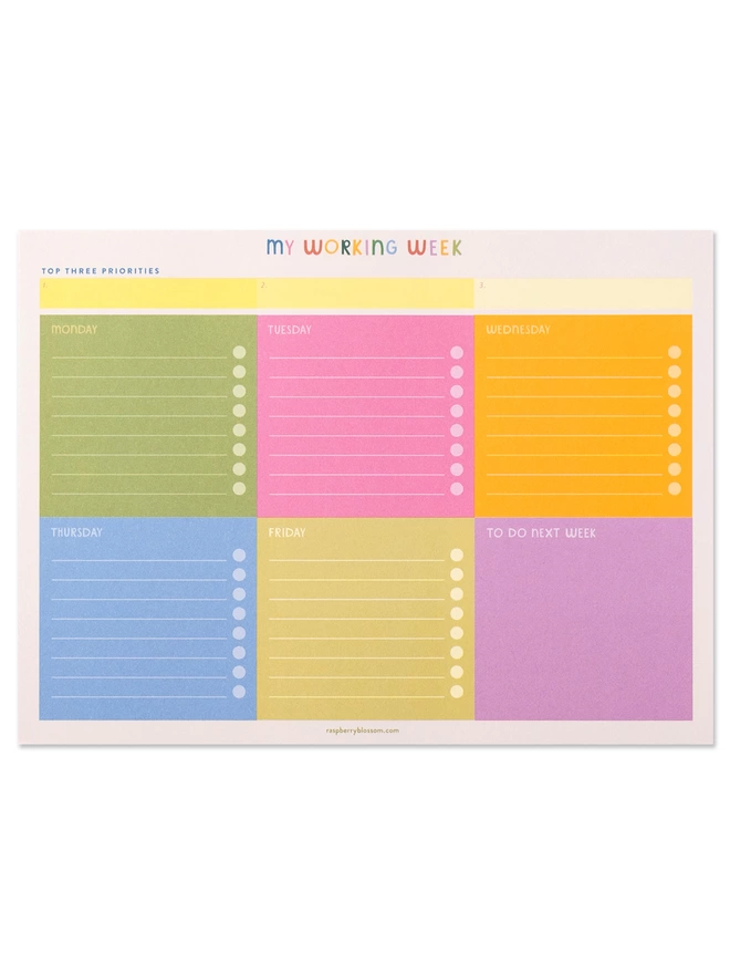 Raspberry Blossom ‘My working week’ weekly planner pad is split into brightly coloured sections for each day of the working week with tick boxes for each task and even a section for jobs to carry over into the next week