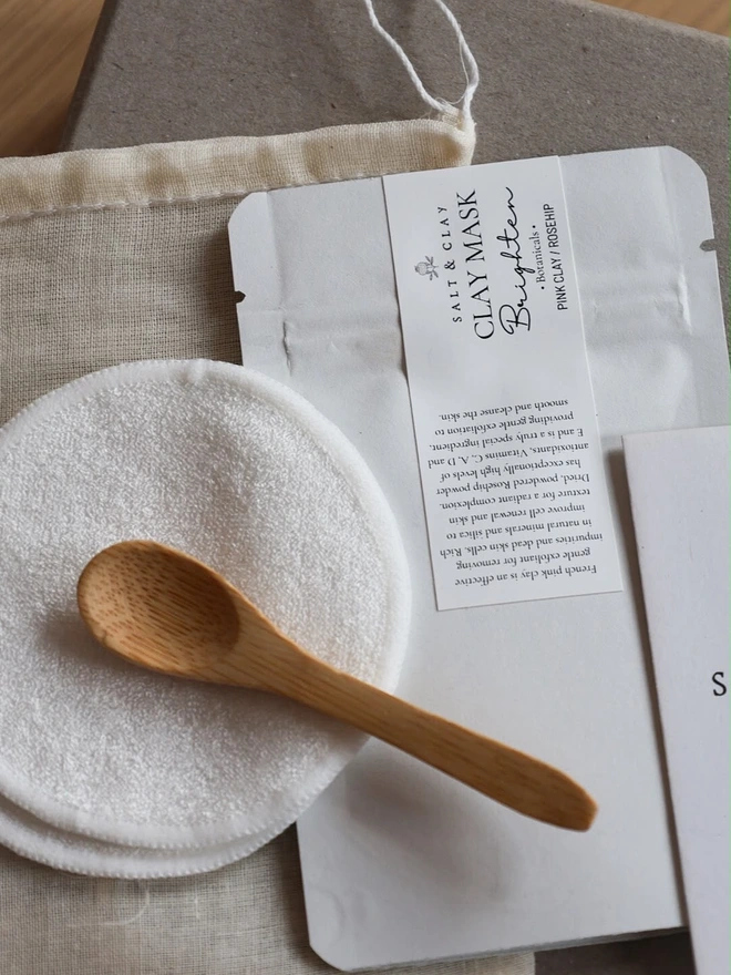 Bamboo cloths and bamboo spoon. Part of the Spa At Home Gift Set.