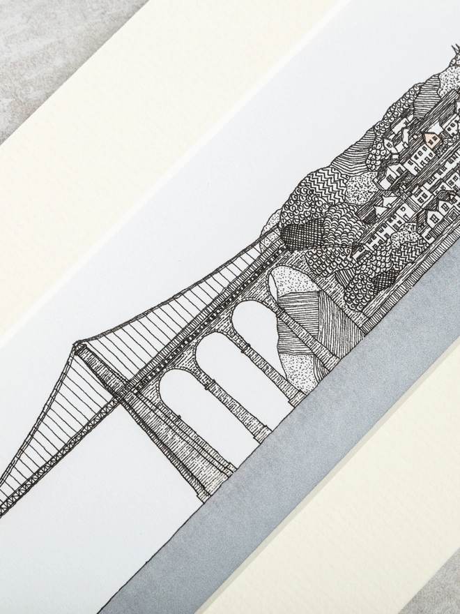 Print of a detailed pen and watercolour drawing of the Menai Bridge, North Wales in a soft white mount