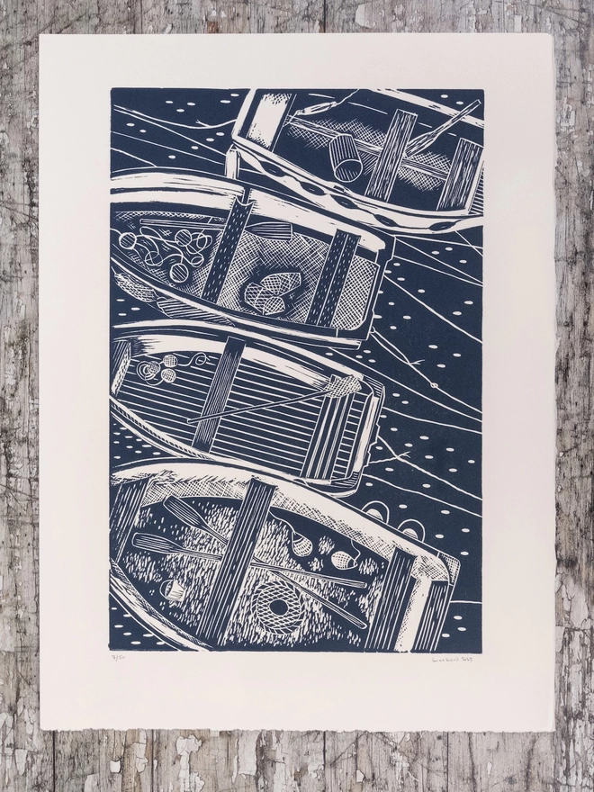 Picture of 4 Rowing Boats with the view from above, taken from an original Lino Print 