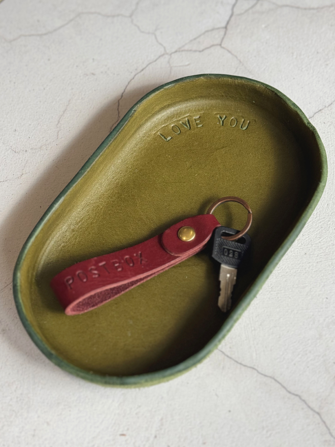 olive green leather tray