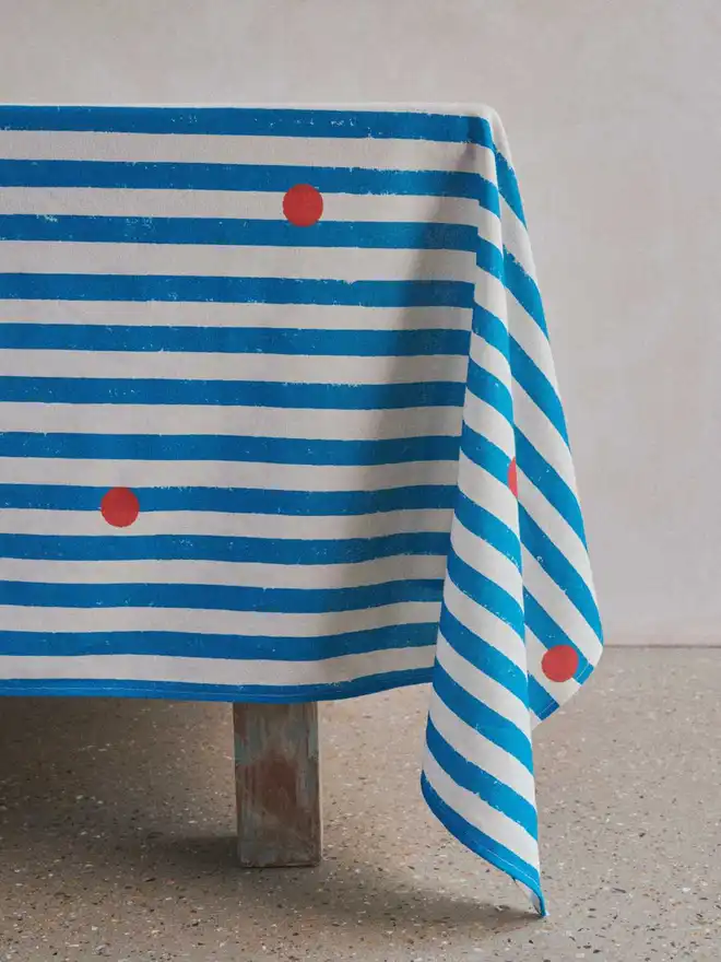 Blue stripe and red dot tablecloth 