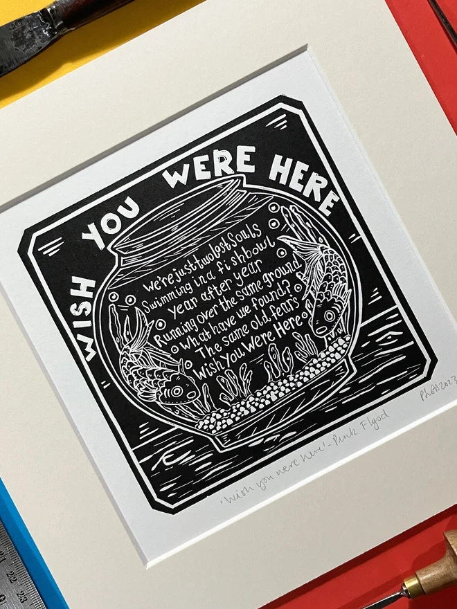 wish you were here pink floyd lyric lino print