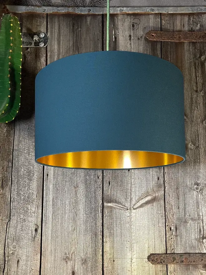 Petrol Blue Cotton Drum Lampshade with Gold Lining