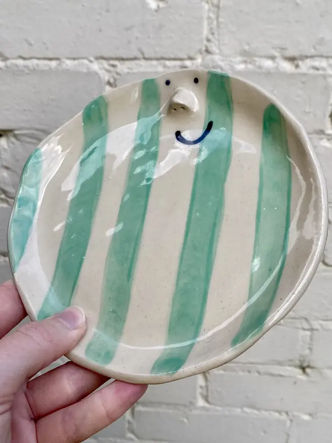 green white stripe smiley face ceramic handmade plate