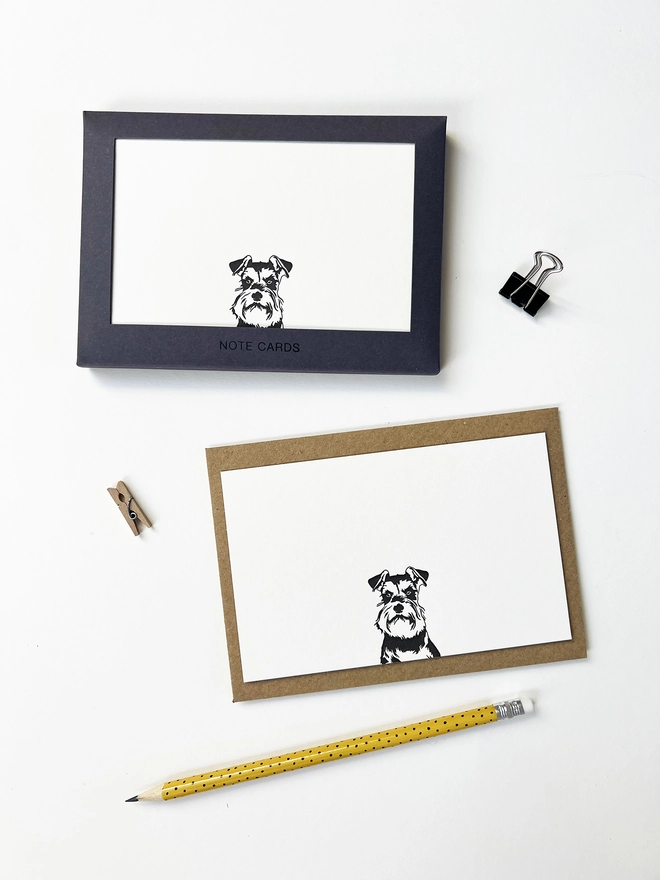 Boxed flat correspondence cards illustrated with a Schnauzer puppy