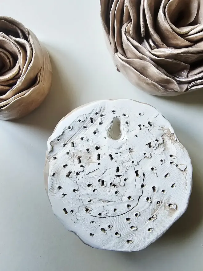 handmade taupe mink ceramic rose flower wall hanging decor sculpture art pottery glazed gift for her forever everlasting rose