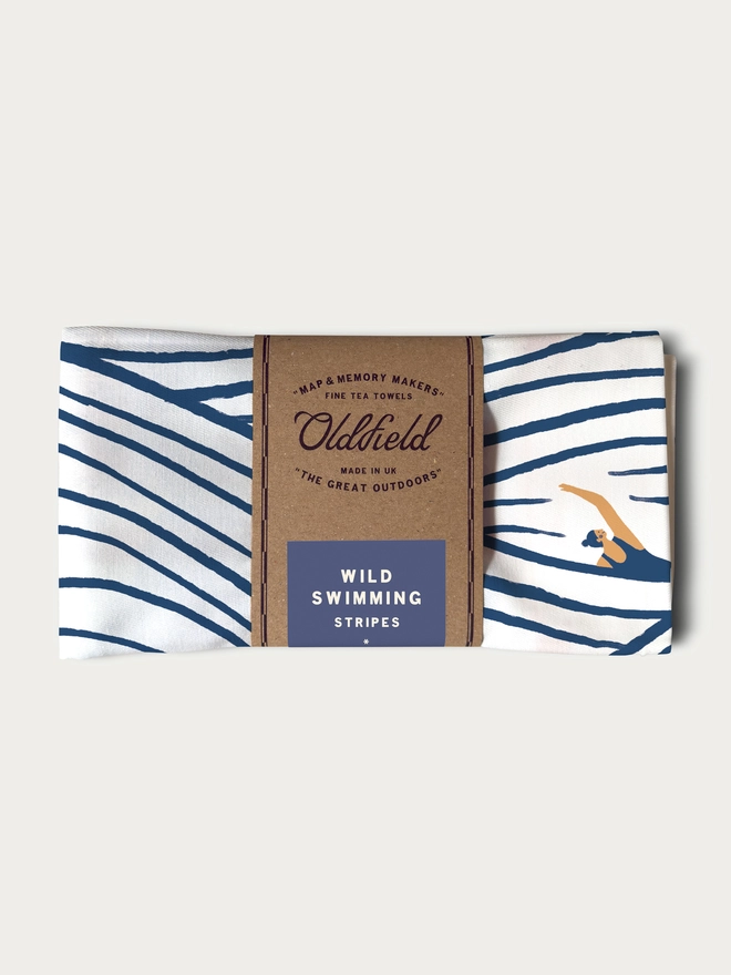 swimming stripes tea towel folded and packaged