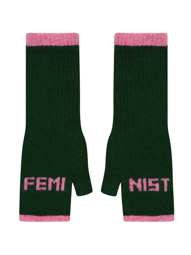 Cut out image of Feminist Mittens in Forest Green & French Rose