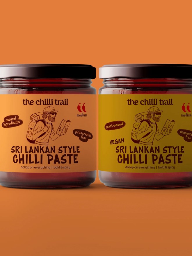 'double the heat' chilli paste bundle. two jars of chilli paste photographed against an orange background.