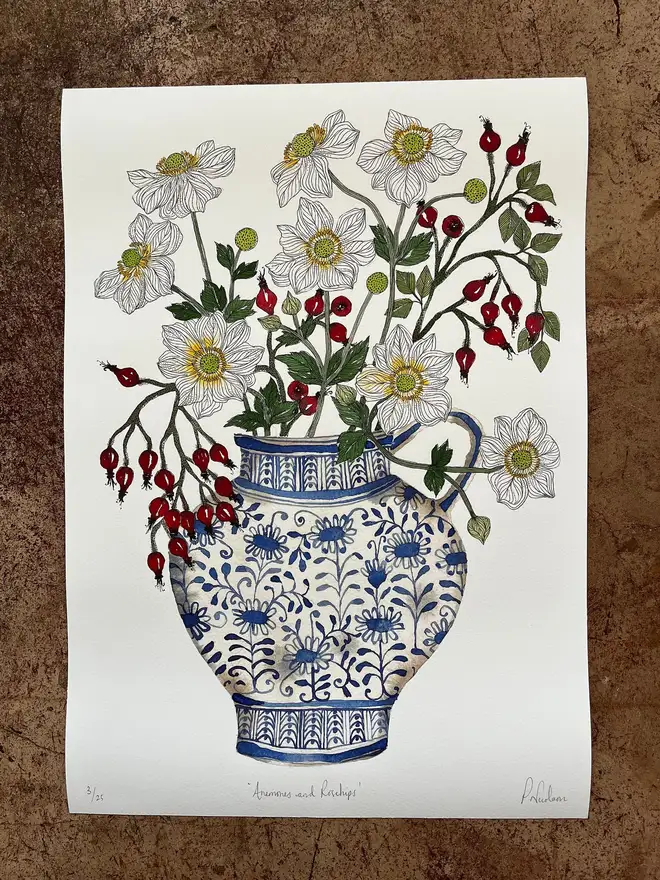 'Anemones and Rose Hips' A3 Giclee Art Print