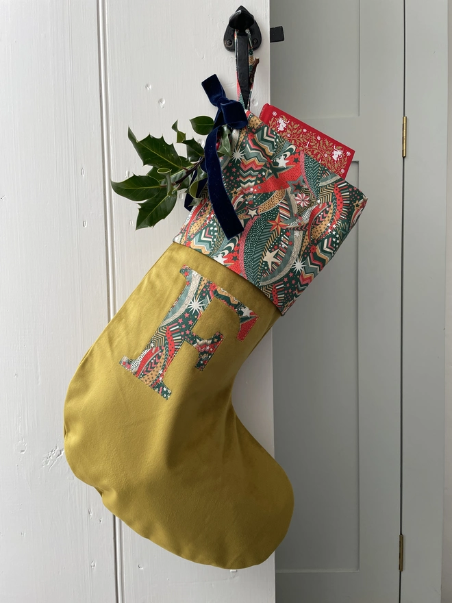 Gold velvet Stocking with Liberty Print letter