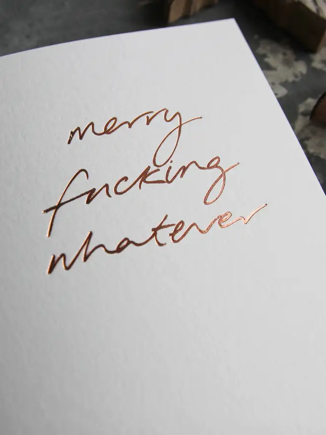 merry whatever white christmas card metallic script