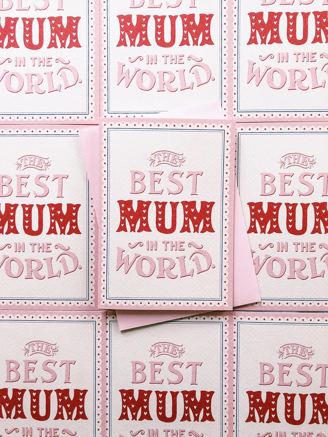 'Best Mum in the World'  Mothers Day pink Greeting Card Handdrawn letting vintage typography style and aesthetic cottage core