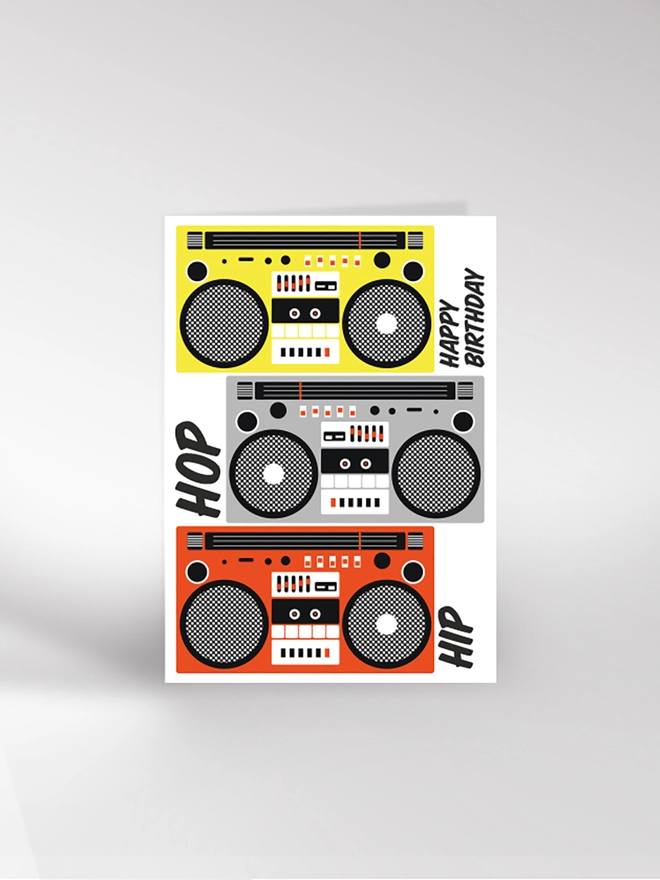 Happy birthday card with a stack of boom boxes