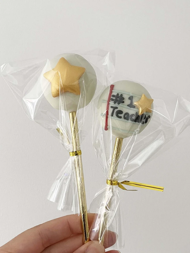 Two Teacher Thank You Cake Pops (Pack of 6, 12, 18, 24) individually wrapped  in cellophane bags.
