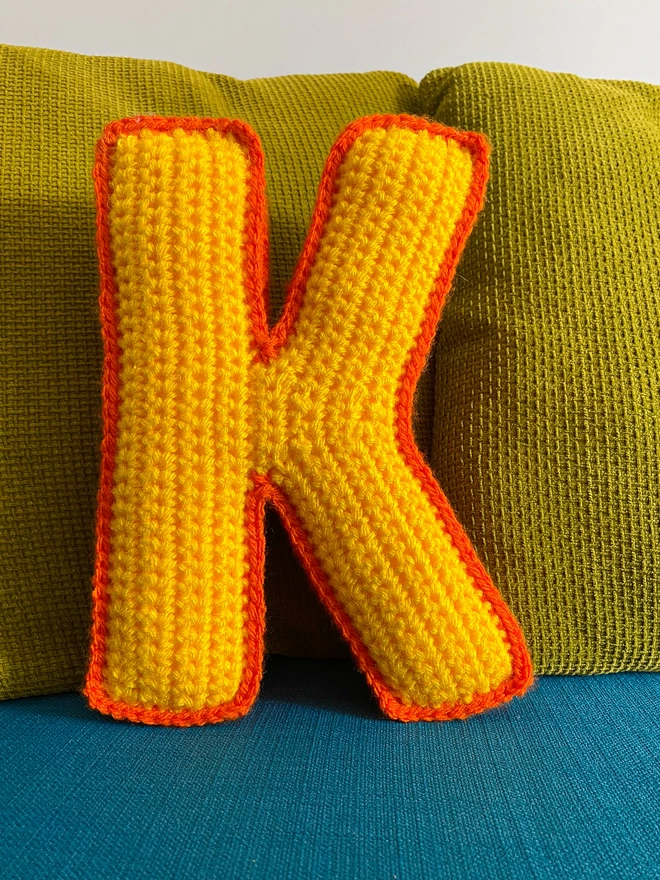 Crocheted Letter K in Sunshine Yellow and Orange