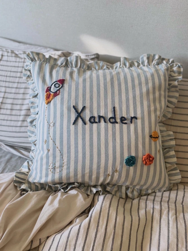 Space theme hand embroidered cushion 