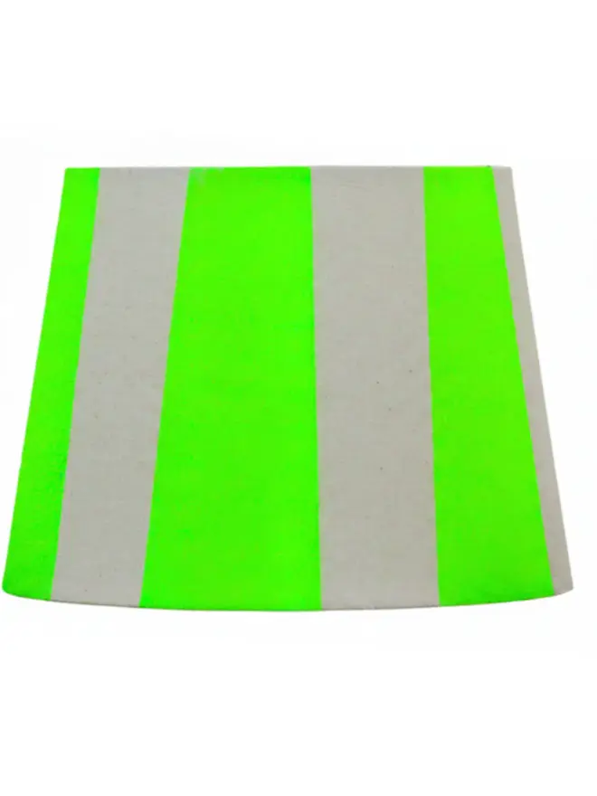 Hand Painted Upcycled Striped Sustainable Drum Lampshade, a neon green striped lampshade against a white background. 