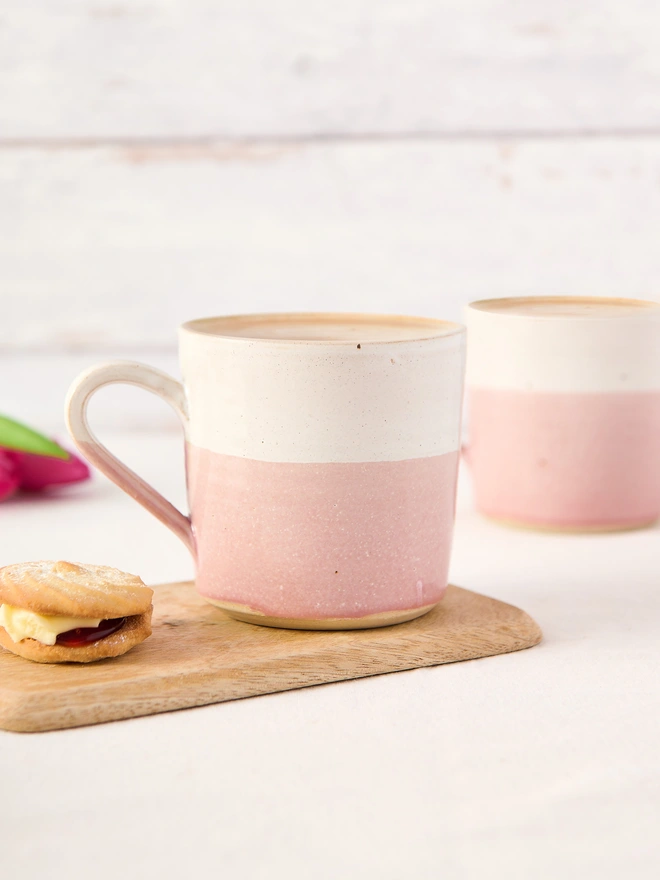pink straight sided ceramic mug