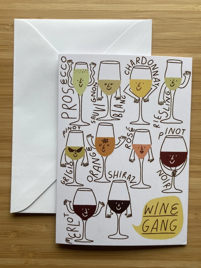 Greetings card with illustrations of different kinds of wine, all as characters