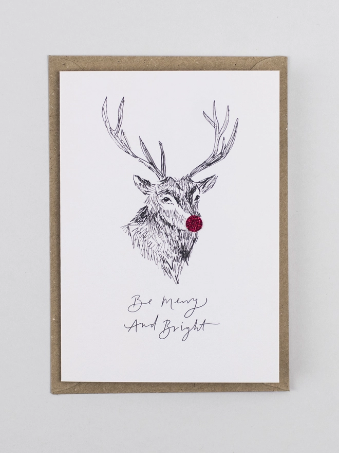 Be Merry And Bright Reindeer Handfinished Christmas Card