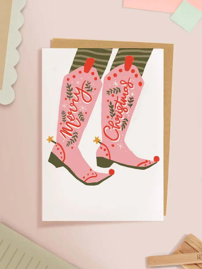 pink cowboy boots elf christmas card