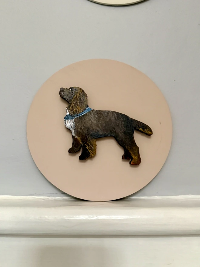 Hand - painted Working Cocker Spaniel Dog portait  - chocolate brown dog on pale pink background