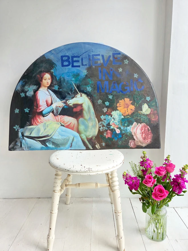 Unicorn art panel made from an upcycled table-top.