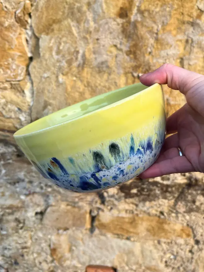 Shoreline Small Bowl, a colourful bowl held in front of a brick wall. 