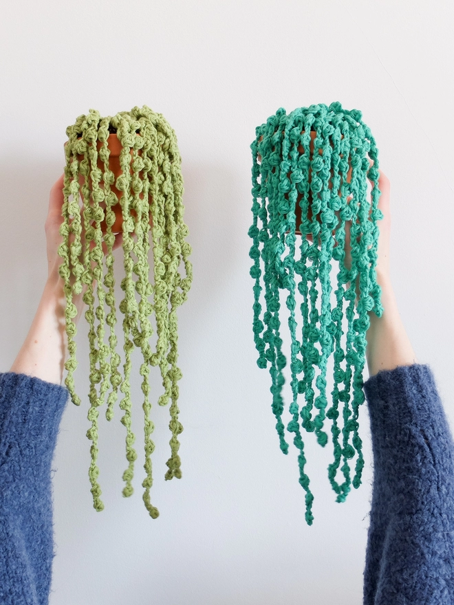 Large crocheted string of pearl plants in lime green