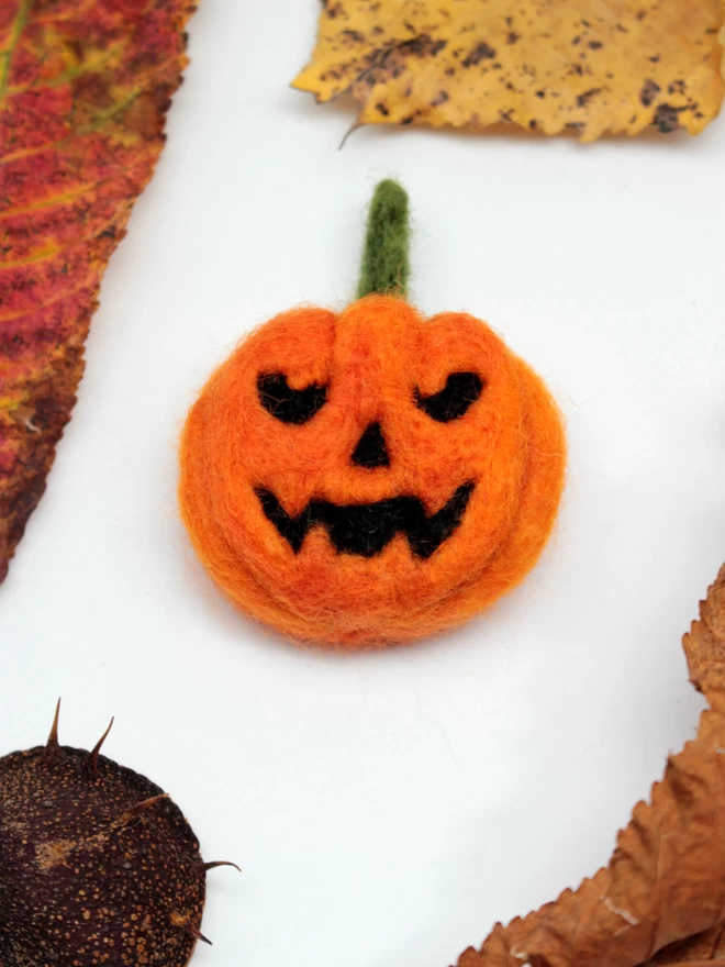 A needle-felted pumpkin brooch on a white background, surrounded by autumnal leaves 