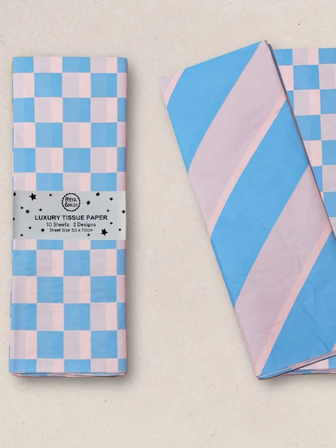 Sky and peach  luxury pattern tissue paper bundle in chequer and stripe design