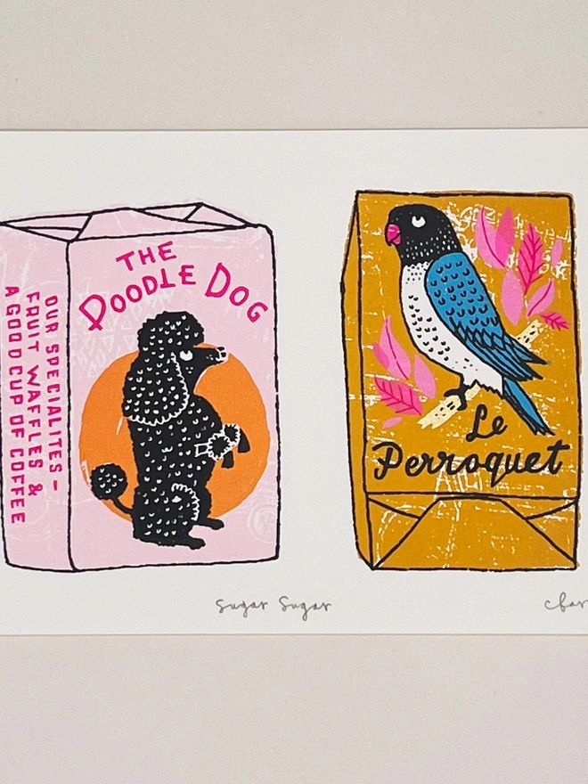 Parrot And Poodle Sugar Cube Screenprint Sugar Sugar, a pair of colourful sugar cube designs. 
