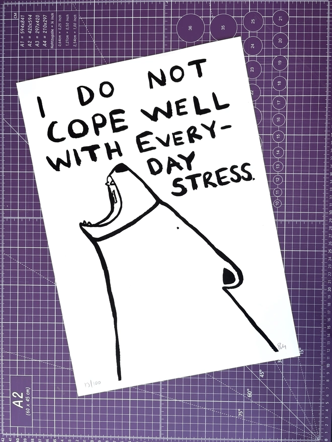 black and white print of a bear against a purple back drop