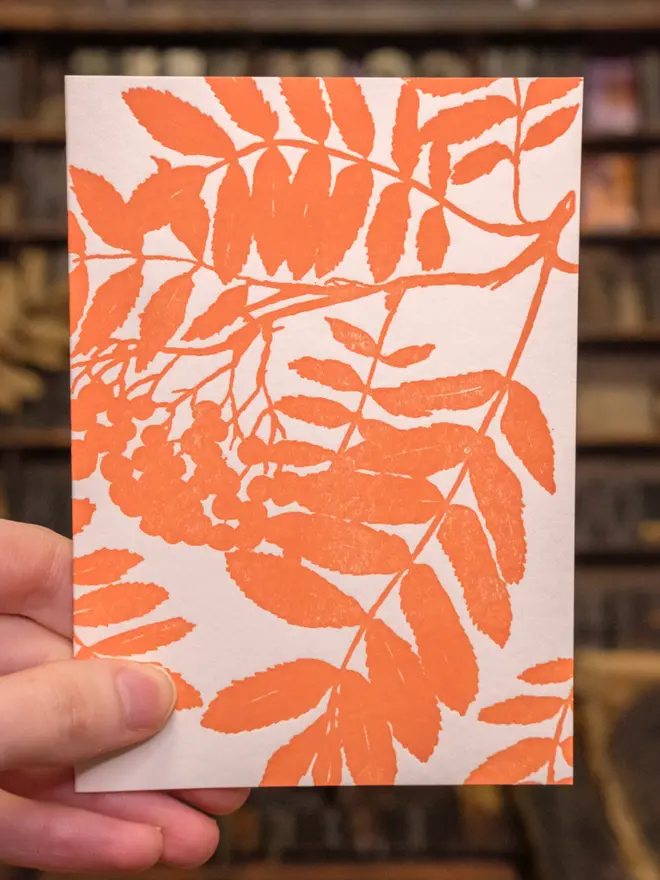 Card held up. Situation shot. Design on front visible: Flat shaded orange artwork of Rowan clipping