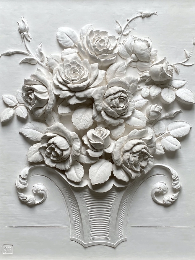 A plaster bas relief flower sculpture of a Bowl Of Roses 