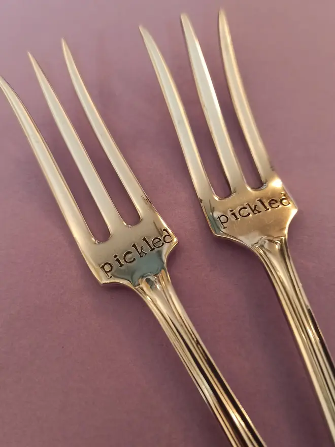 Vintage silver plated three pronged Pickle Fork personalised with the wording pickled